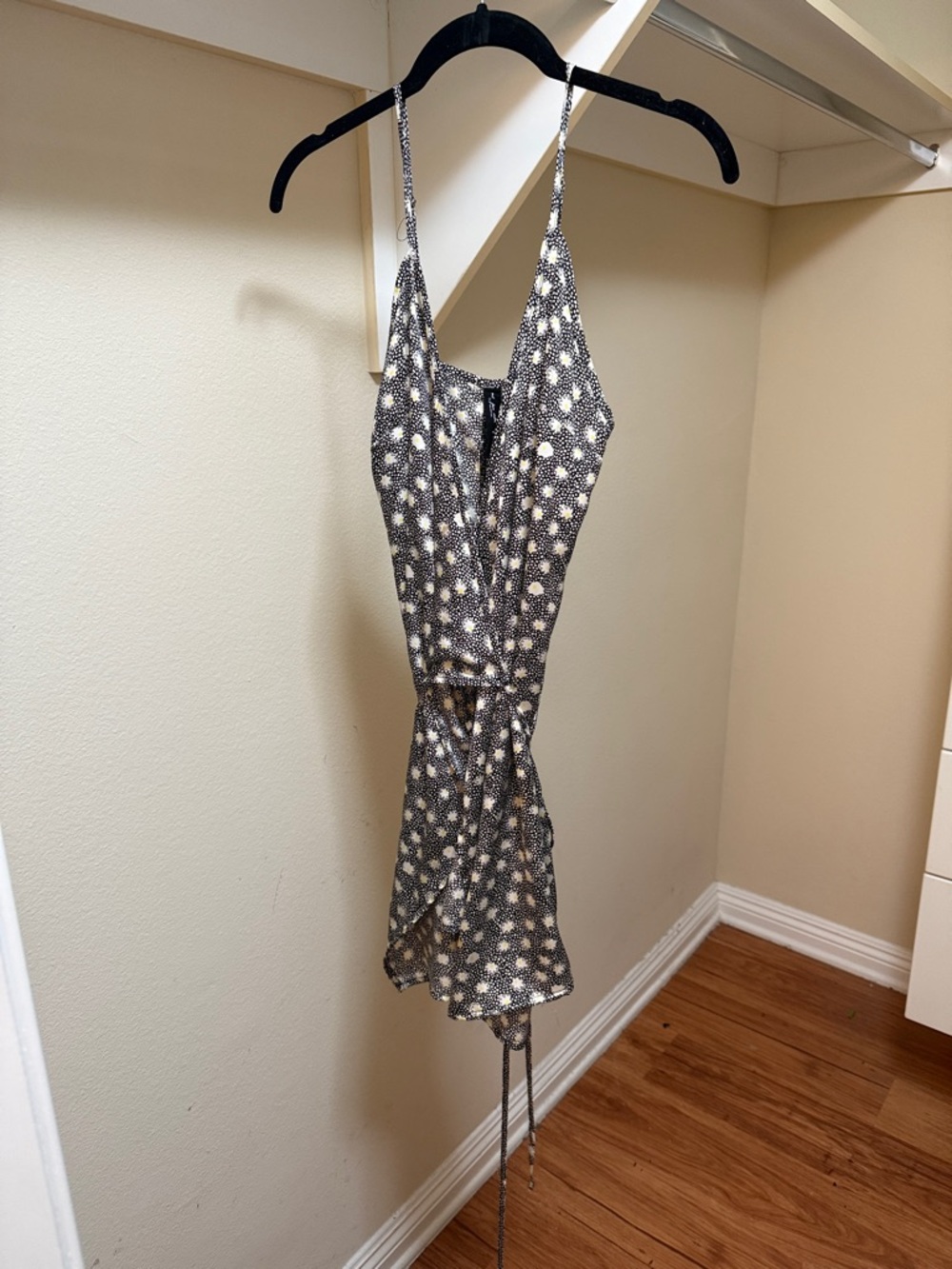 Spaghetti Strap Floral Print Wrap Dress in Black & Cream - Urban Outiftters